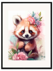 Gerahmter Kunstdruck Kleiner roter Panda mit Blumen
