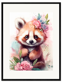 Plakat artystyczny premium w ramie Little Red Panda with Flowers