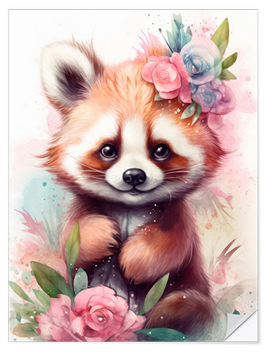 Wandsticker Kleiner roter Panda mit Blumen