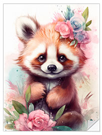 Självhäftande poster Little Red Panda with Flowers