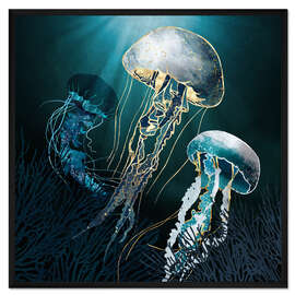 Gerahmter Kunstdruck Metallische Quallen in türkismetalic