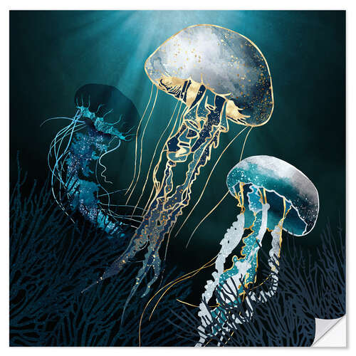 Wall sticker Metallic Jellyfish in Turquoise Metallic