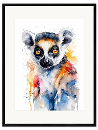 Inramat konsttryck Colorful Watercolor Lemur