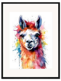 Gerahmter Kunstdruck Buntes Aquarell-Lama