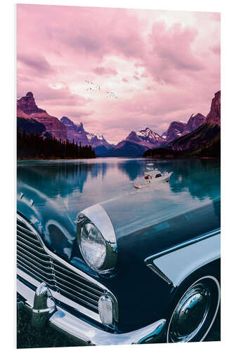 Tableau en PVC Mountain Lake Reflection in a Vintage Car