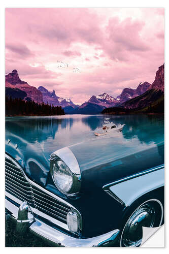 Selvklebende plakat Mountain Lake Reflection in a Vintage Car