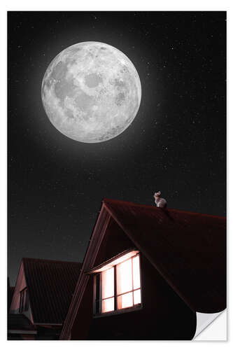 Wall sticker Kitten Looks at the Giant Moon