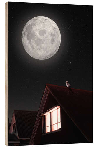 Wood print Kitten Looks at the Giant Moon