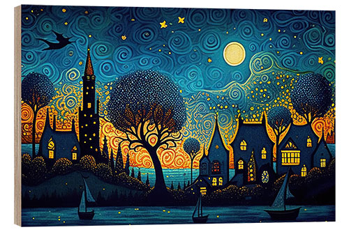 Wood print Whimsical Skyline Painting