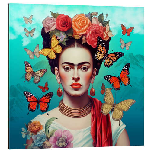 Aluminium print Frida Kahlo and Flying Butterflies