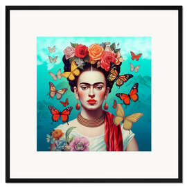 Gerahmter Kunstdruck Frida Kahlo und fliegende Schmetterlinge