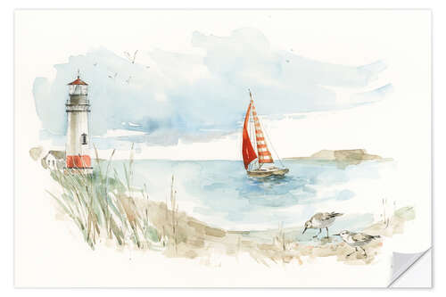 Sticker mural Sailboat and Lighthouse