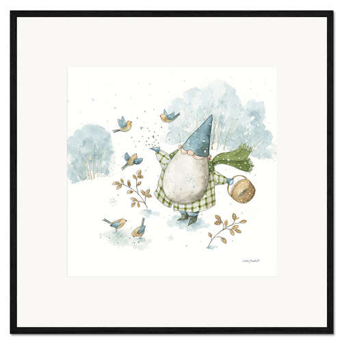 Framed art print Garden Gnome & Winter Birds