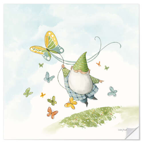 Muursticker Garden Gnome With Butterfly Kite