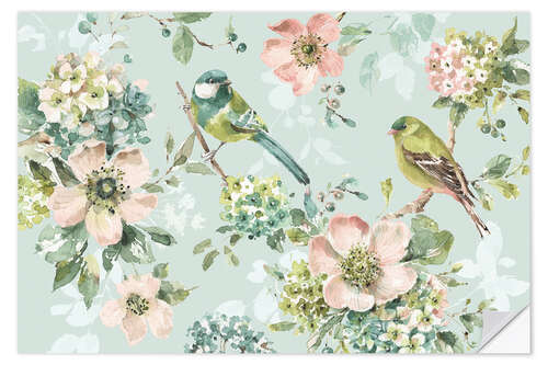 Selvklebende plakat Flowering branches with birds