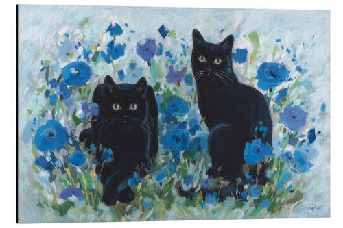 Tableau en aluminium Black Cats Among Blue Flowers