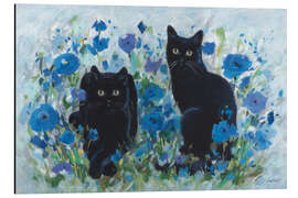 Magnettafel Schwarze Katzen zwischen blauen Blumen