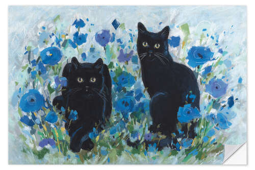 Wandsticker Schwarze Katzen zwischen blauen Blumen