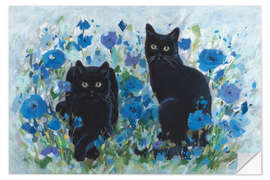 Wandsticker Schwarze Katzen zwischen blauen Blumen