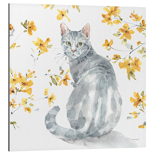 Aluminium print Gray Cat With Yellow Flowers