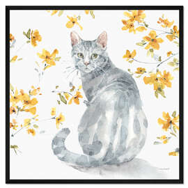 Gerahmter Kunstdruck Graue Katze mit gelben Blüten