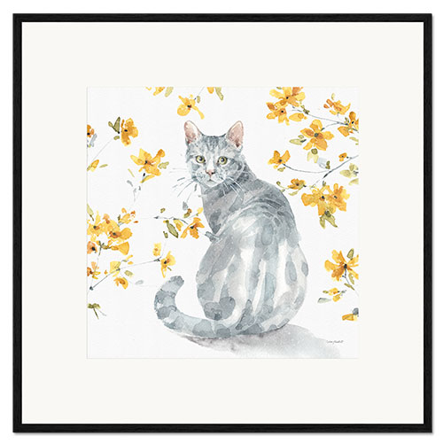 Gerahmter Kunstdruck Graue Katze mit gelben Blüten