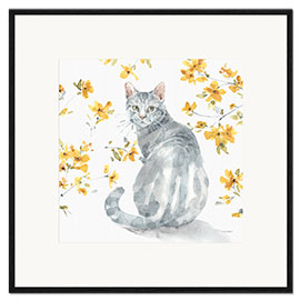 Gerahmter Kunstdruck Graue Katze mit gelben Blüten