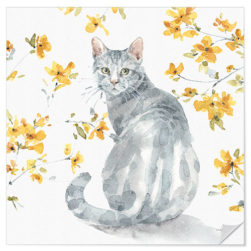 Naklejka na ścianę Gray Cat With Yellow Flowers