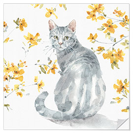 Vinilo para la pared Gray Cat With Yellow Flowers