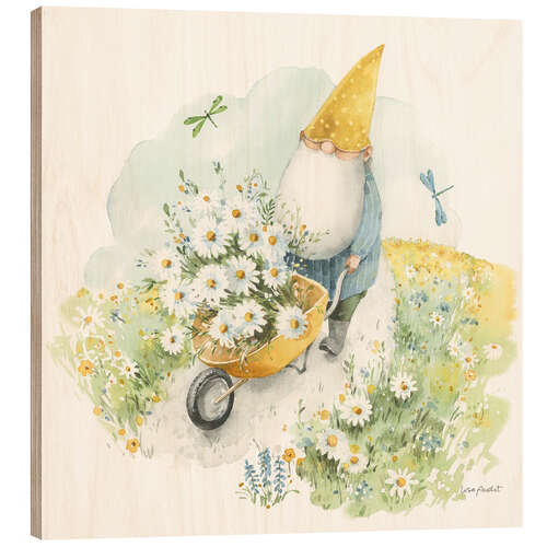 Tableau en bois Garden Gnome With Flower Wheelbarrow