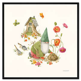 Gerahmter Kunstdruck Gartenzwerg am Blumenbeet