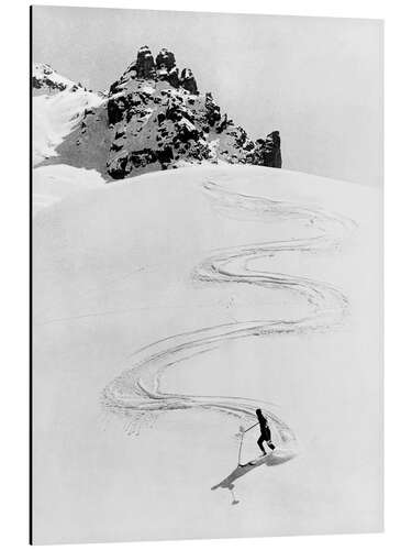 Alubild Kurvenreiche Ski-Fahrt einen hohen Berg hinunter, Schweiz, 1935