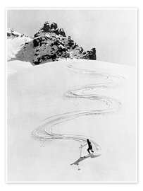 Wall print  Sweeping Ski Ride Down a High Mountain, Switzerland, 1935 - Vintage Ski Collection