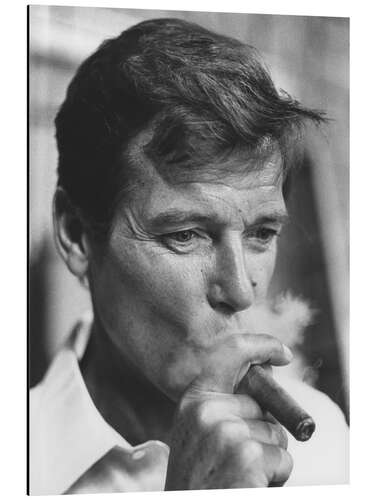 Aluminium print Sir Roger Moore Smoking a Cigar, 1970s