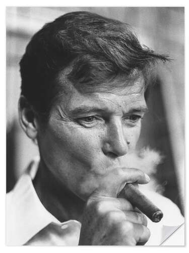 Selvklebende plakat Sir Roger Moore Smoking a Cigar, 1970s