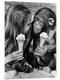 Print på skumplade Girl and chimp eating ice cream