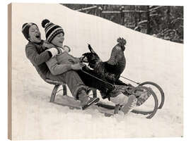 Tableau en bois Happy Sleigh Ride With Rooster, 1970s