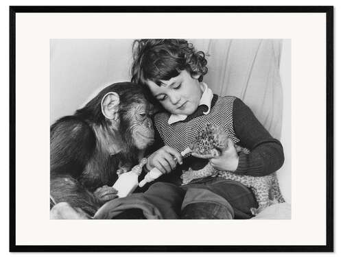 Impression artistique encadrée Girl With Chimpanzee and Baby Leopard