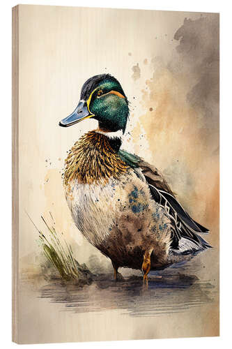 Hout print Cute Mallard in Watercolor