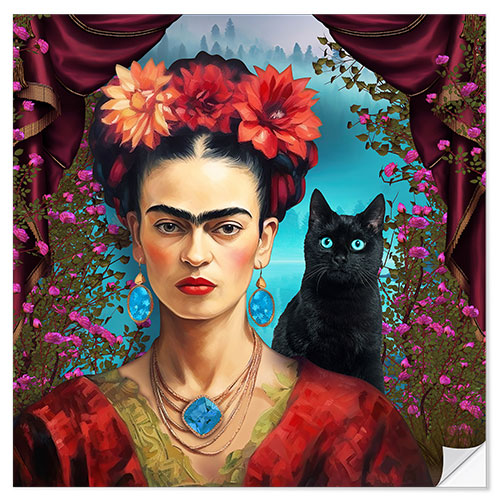 Självhäftande poster Frida Kahlo with the Cat