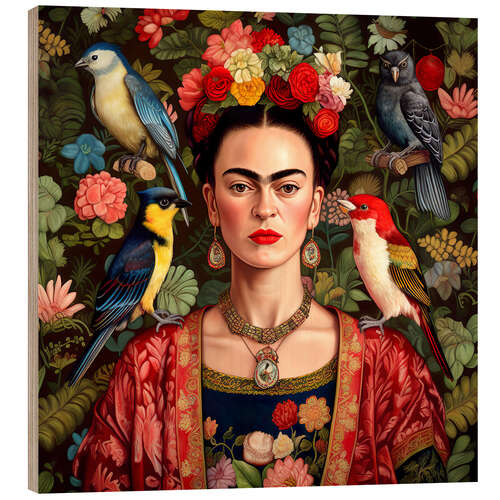 Holzbild Frida Kahlo mit exotischen Vögeln