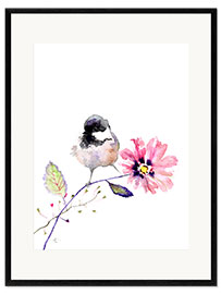 Ingelijste kunstdruk Great Tit on Cosmos Flower