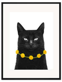 Gerahmter Kunstdruck Schwarze Katze mit Löwenzahnkette