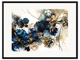 Inramat konsttryck Gold Blue Flowers I