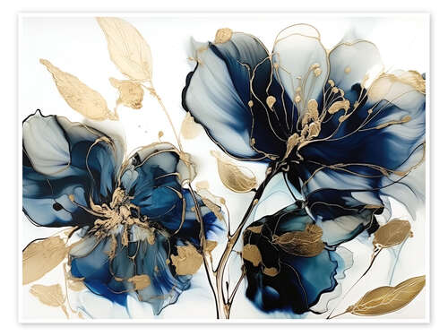 Poster Gold Blue Flowers II