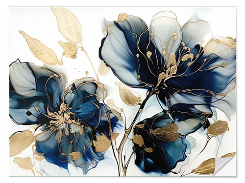 Sticker mural Gold Blue Flowers II