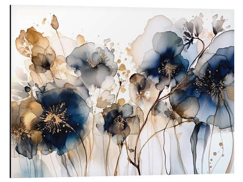 Aluminium print Gold Blue Flowers III