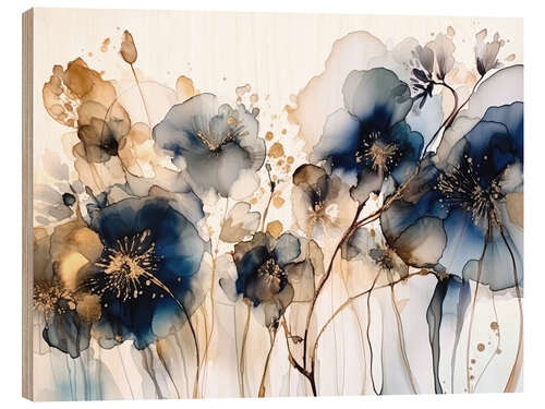 Hout print Gold Blue Flowers III