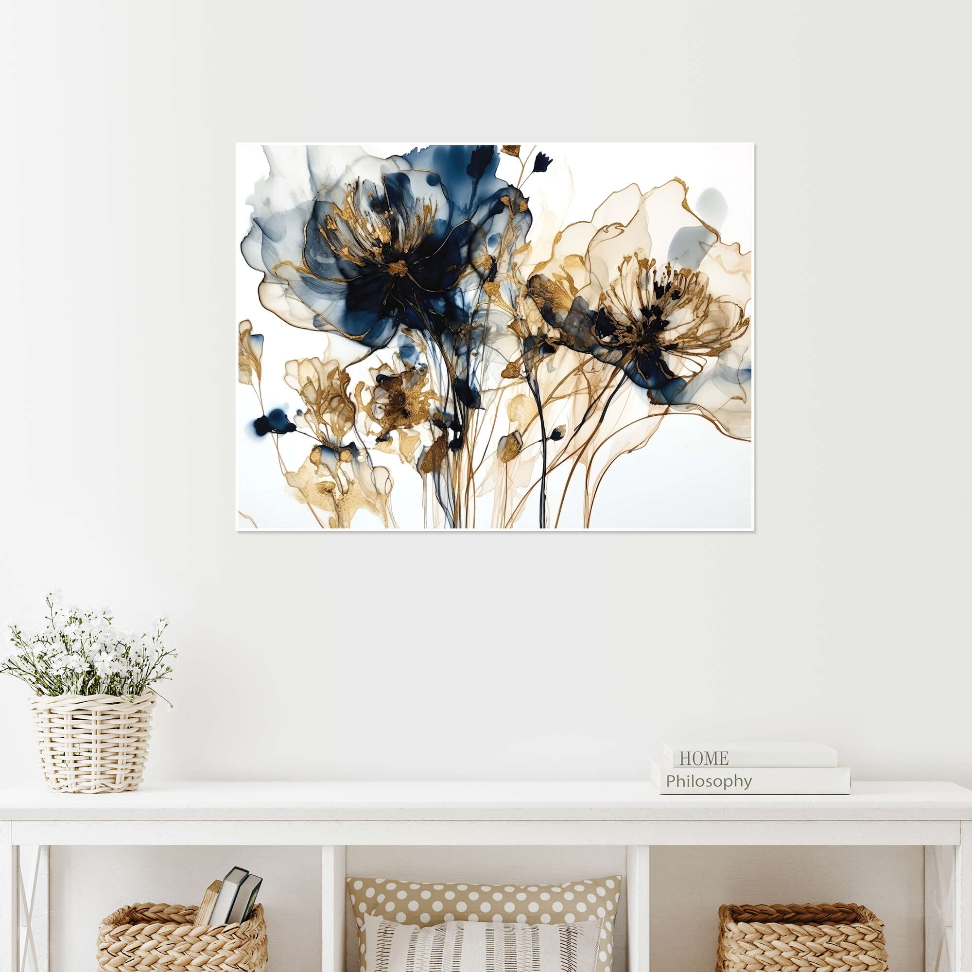 Gold Blue Flowers II print by RileyB