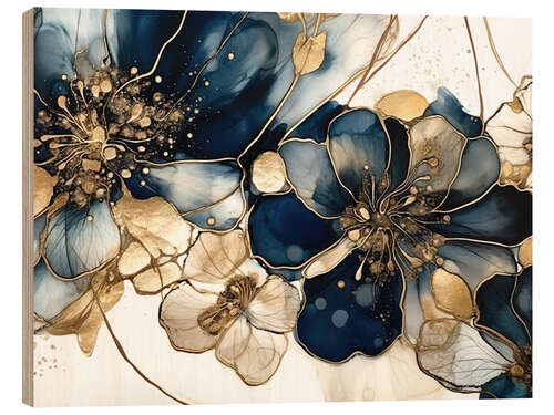Holzbild Goldblaue Blumen V